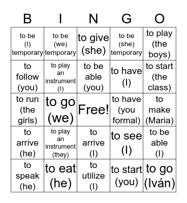 Preterite Tense Regular and Irregular Verbs Bingo Card