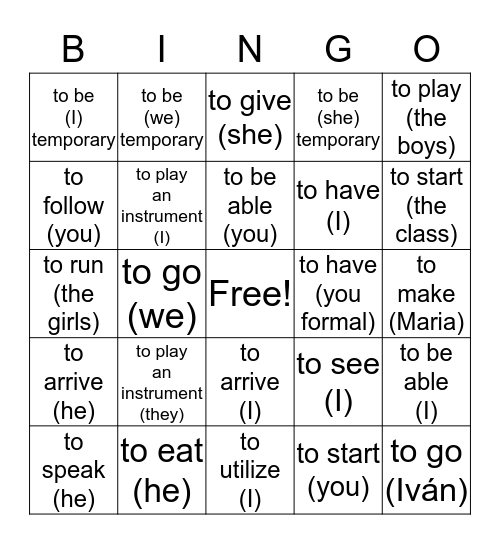 Preterite Tense Regular and Irregular Verbs Bingo Card