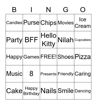Nilah's Birthday Bingo Card
