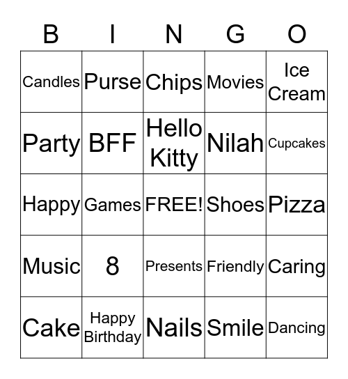 Nilah's Birthday Bingo Card