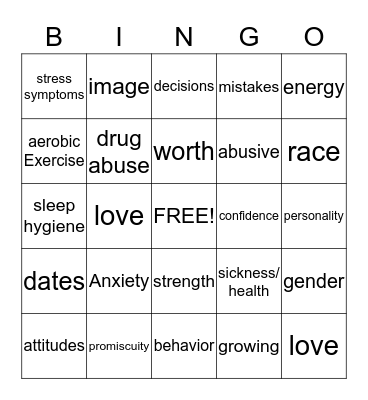 Self-Esteem Bingo Card