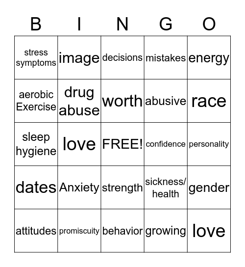 Self-Esteem Bingo Card