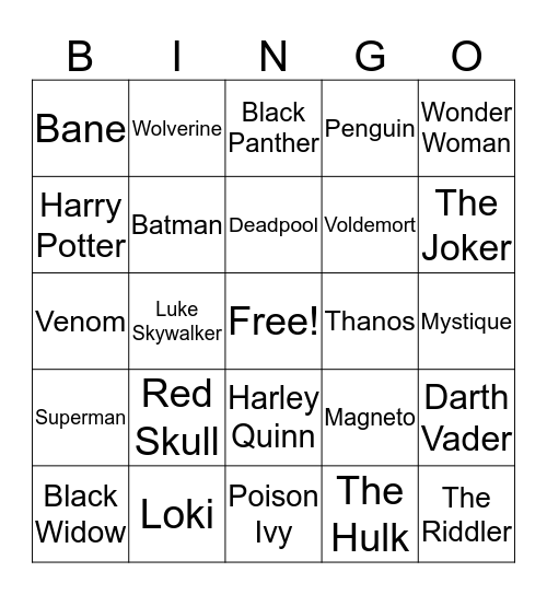 Hero / Villain Bingo Card