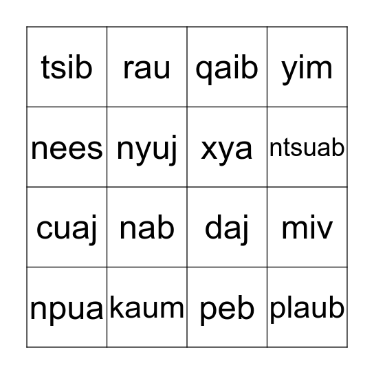 Hmong Bingo Card