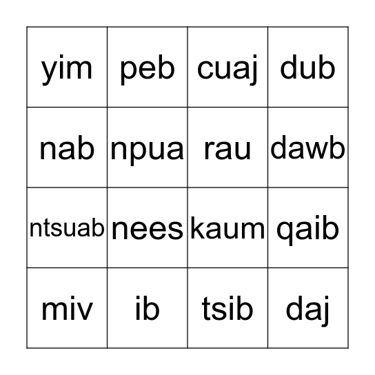 Hmong Bingo Card