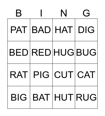 Word Family Bingo Card