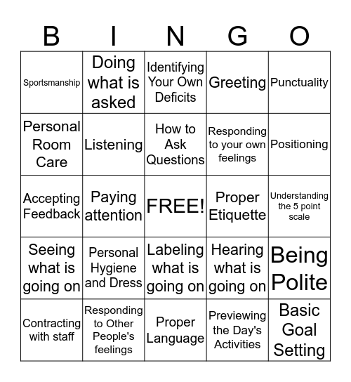 Social Living Skills Bingo Card