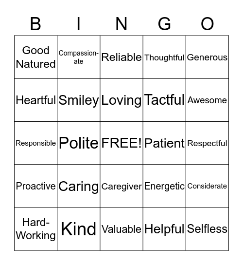 CAREGIVER WORDS Bingo Card