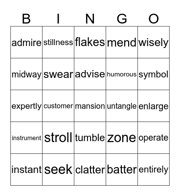 Vocabulary Words Bingo Card
