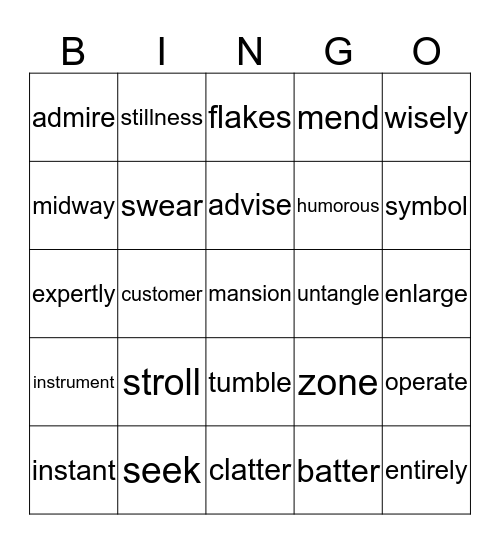 Vocabulary Words Bingo Card