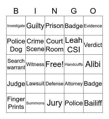 Criminal Justice Bingo Card