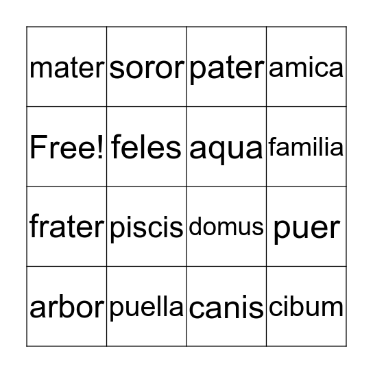 Latin Vocab Bingo Card