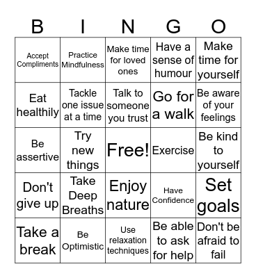 Resilience Coping Skills Bingo Card