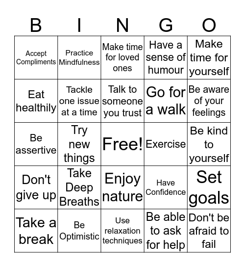 Resilience Coping Skills Bingo Card