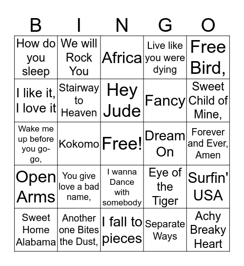 Music Bingo Card