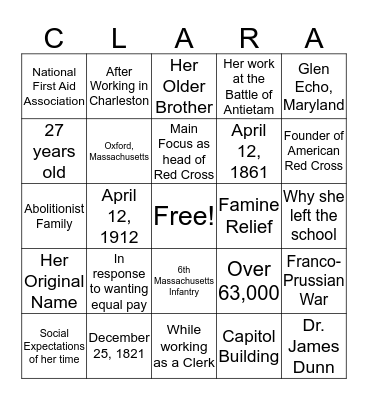 Clara Barton Bingo Card