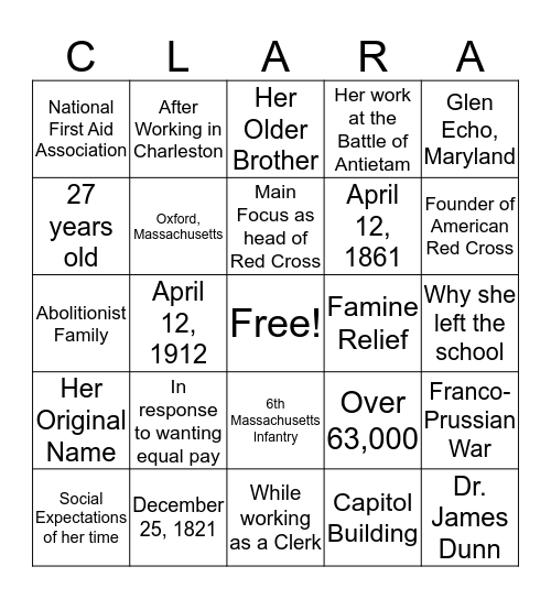 Clara Barton Bingo Card