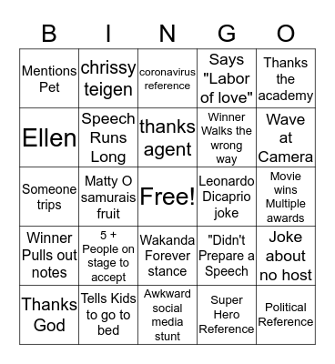 Hammerheads Oscar BIngo Card