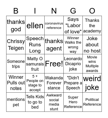 Hammerheads Oscar BIngo Card