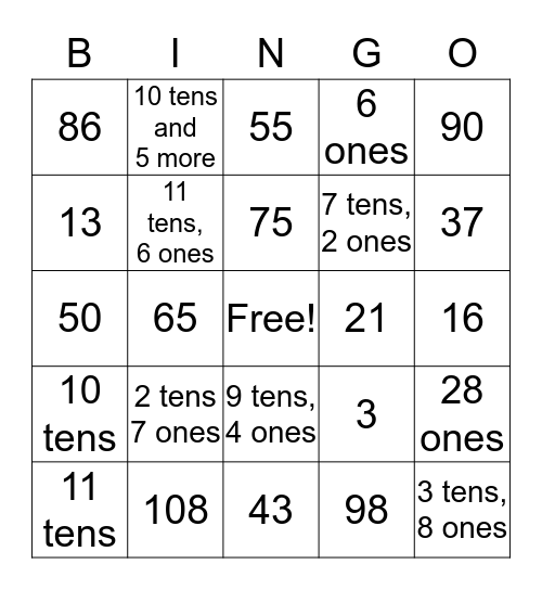 Base Ten Bingo Card