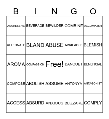 VOCABULARY 4A Bingo Card