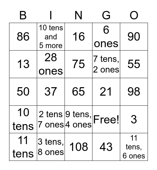 Base Ten Bingo Card