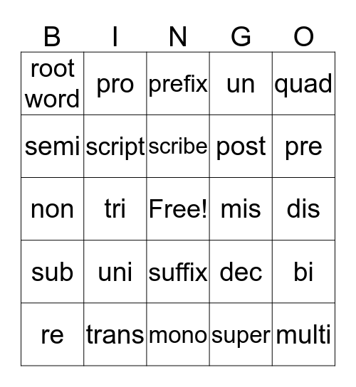 Word Study Review Bingo Card