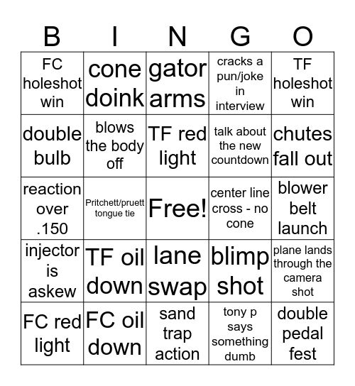 Pomona Raceday Bingo Card