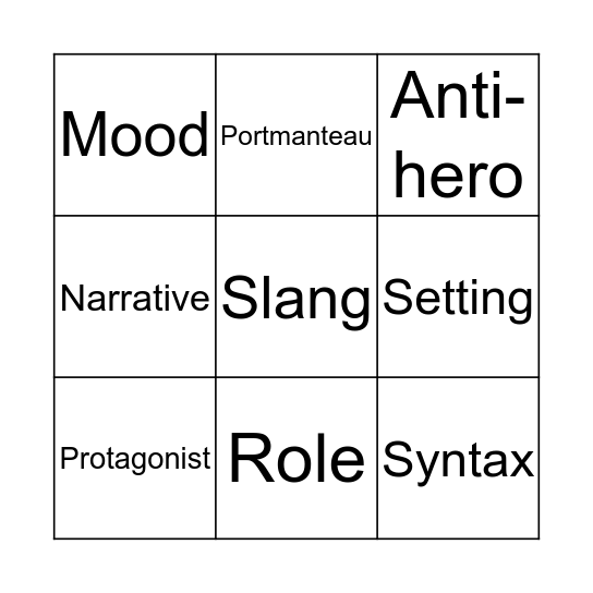 English Bingo Card