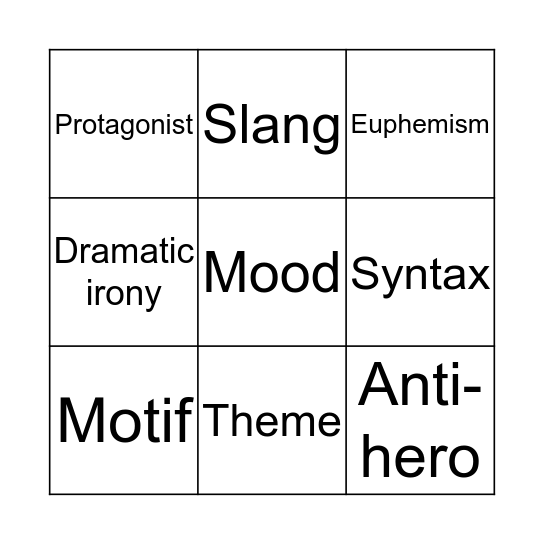 English Bingo Card