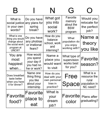 Social Work Bingo Card