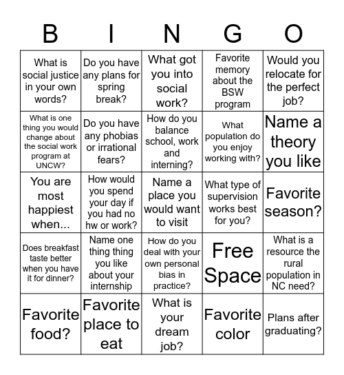 Social Work Bingo Card