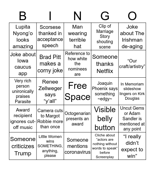 OSCARS 2020 Bingo Card