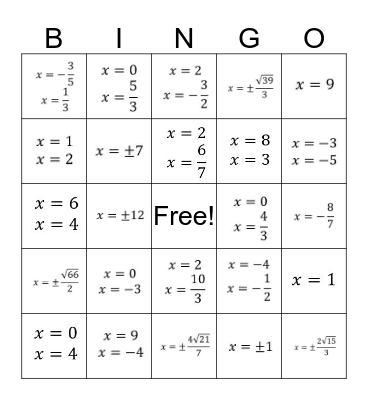 Algebra 2 - 5.5 Practice Bingo Card