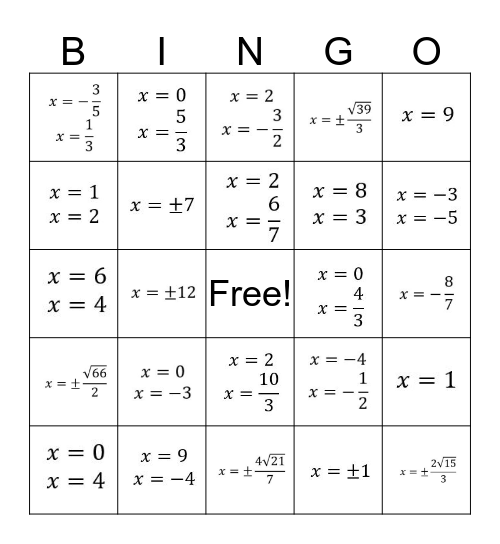 Algebra 2 - 5.5 Practice Bingo Card