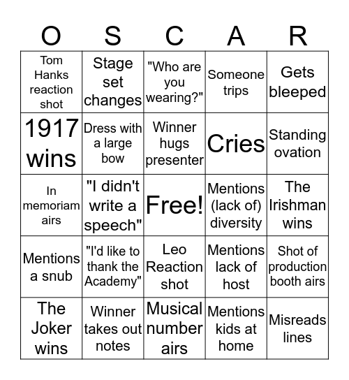Academy Awards 2020 Bingo Card