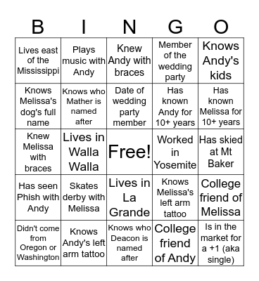Melissa and Andy Wedding Bingo Card