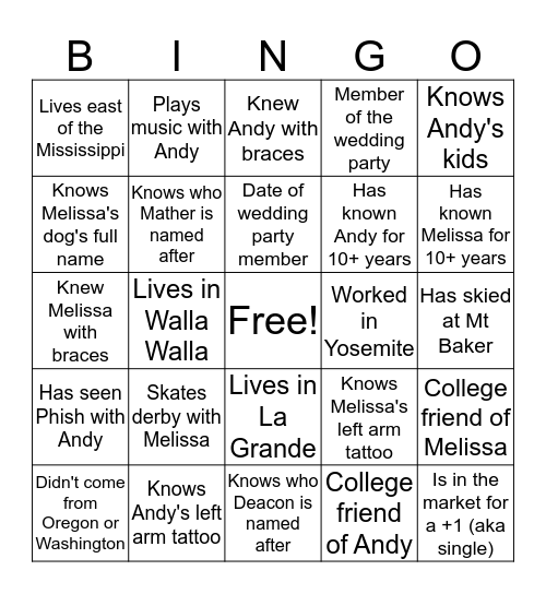 Melissa and Andy Wedding Bingo Card