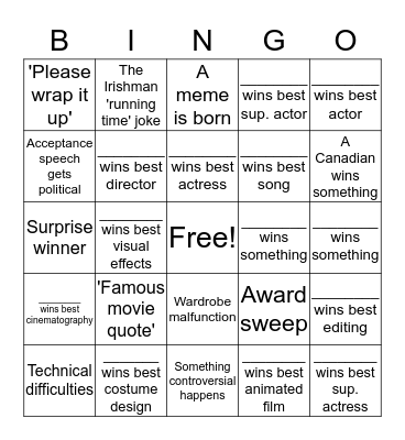Oscars 2020 Bingo Card