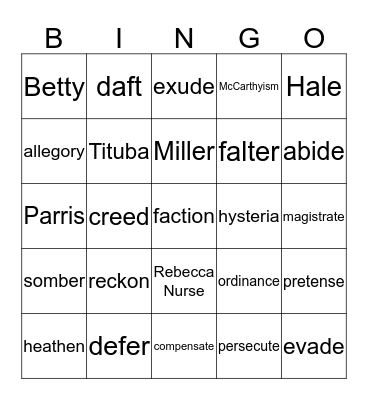 "The Crucible" Act I and II  Bingo Card