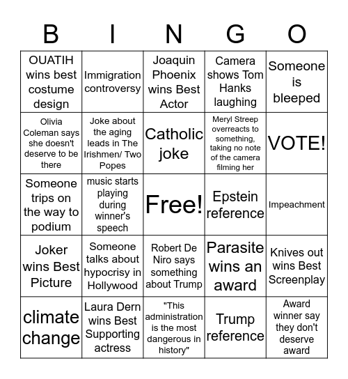 Oscars 2020 Bingo Card