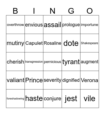 Romeo and Juliet Act I and Act II Bingo Card