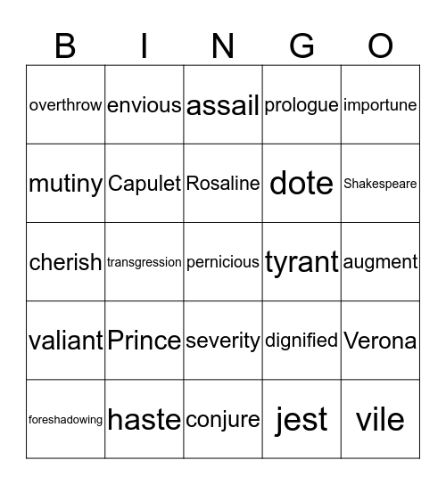 Romeo and Juliet Act I and Act II Bingo Card