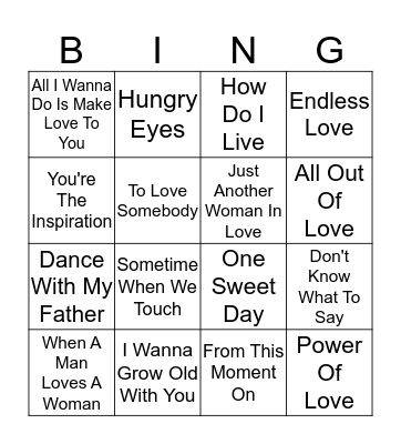 LOVE SONGS Bingo Card