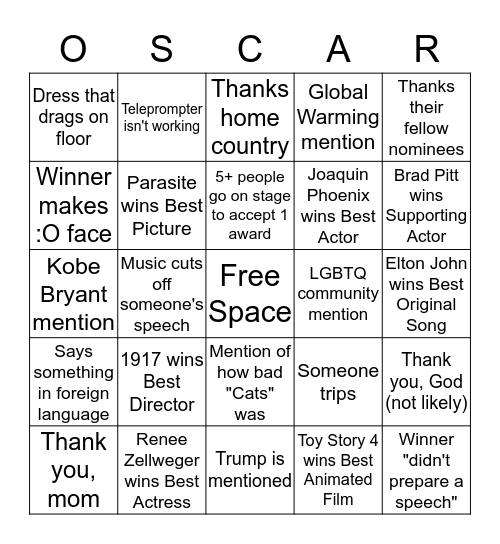 Academy Awards Bingo 2020 Bingo Card