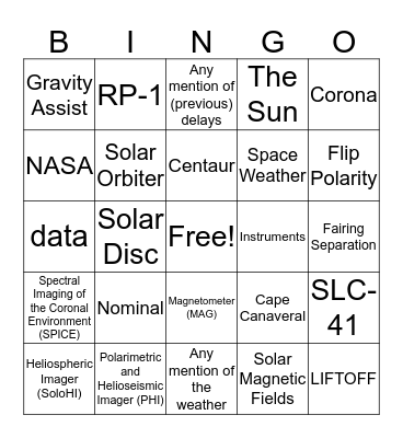 Solar Orbiter Launch Bingo Card