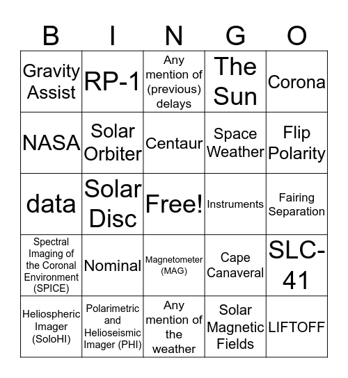 Solar Orbiter Launch Bingo Card