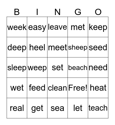 Long Vowel E  Bingo Card