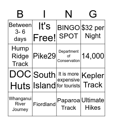 Great Walks Bingo Card