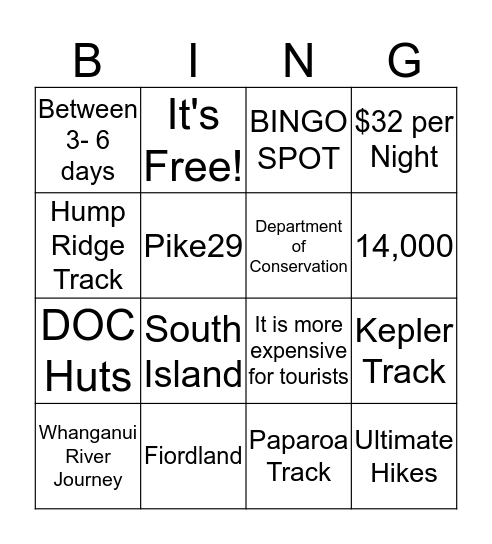 Great Walks Bingo Card